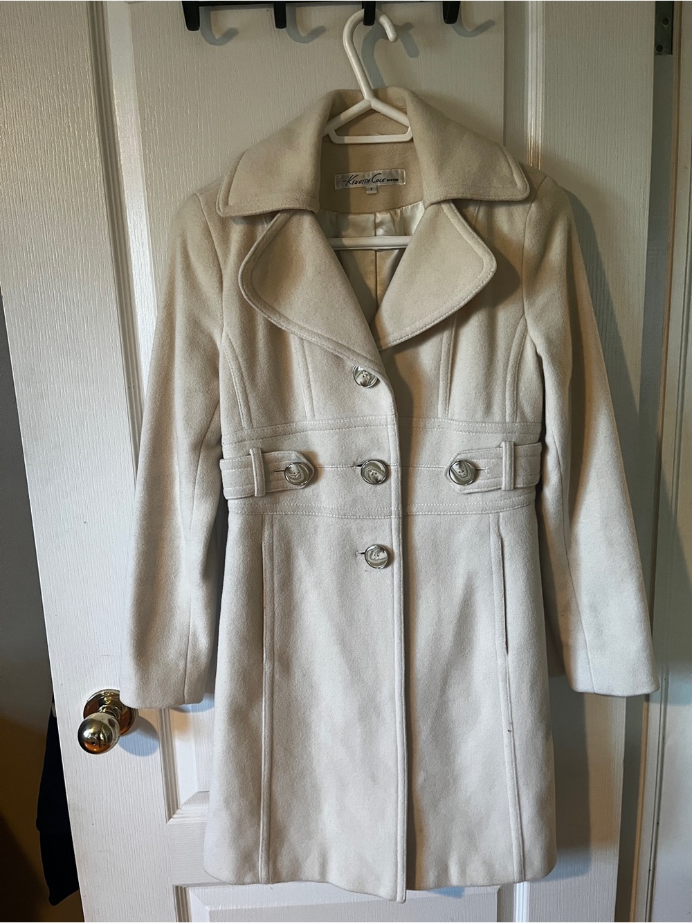 Kenneth Cole Cream Double-Breasted Wool Pea Coat